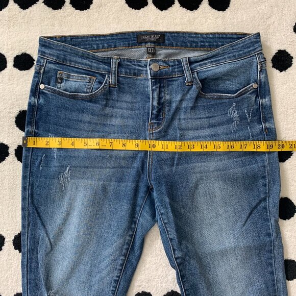 Judy Blue Mid Rise Dark Wash Distressed Stretch Denim Skinny Jeans - Picture 9 of 13